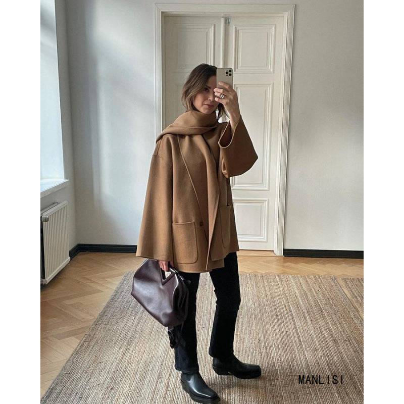 Scarf Collar Loose Jacket Short Woolen Coat - YLORESHOP