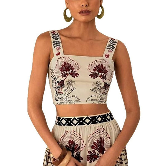 Sexy Spaghetti Straps Midriff-baring Printed Up And Down Skirt Suit - YLORESHOP