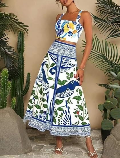 Sexy Spaghetti Straps Midriff-baring Printed Up And Down Skirt Suit - YLORESHOP