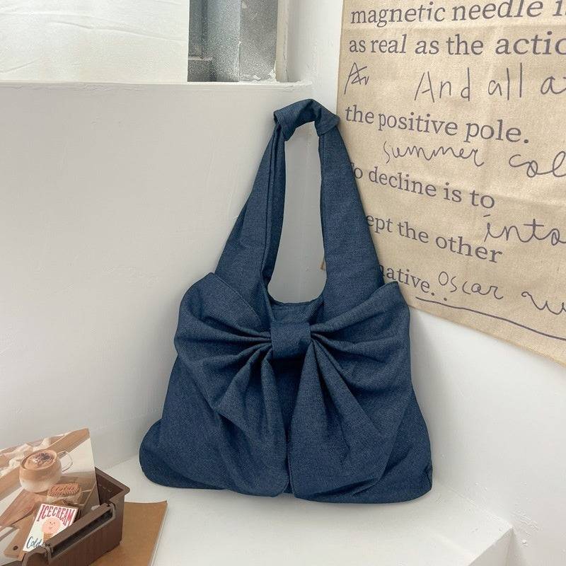 Borsa tote sotto le ascelle con fiocco e spalla di grande capacità Borsa in tela di jeans lavata