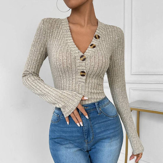 Solid Color Long Sleeve V-neck Jumpsuit - YLORESHOP