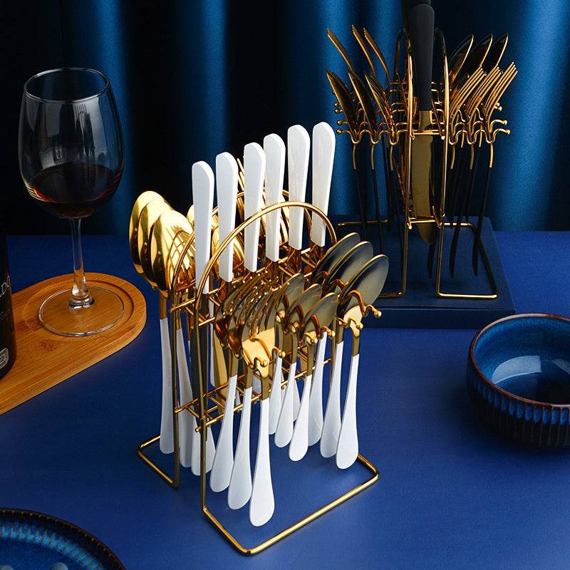 Gold Dinnerware Set Stainless Steel Tableware Set Knife Fork Spoon Luxury Cutlery Set With Storage Rack Dishwasher - YLORESHOP