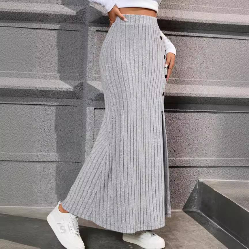 Women Knitted Dress Sunken Stripe Slit Fastener Decoration Sheath Skirt - YLORESHOP