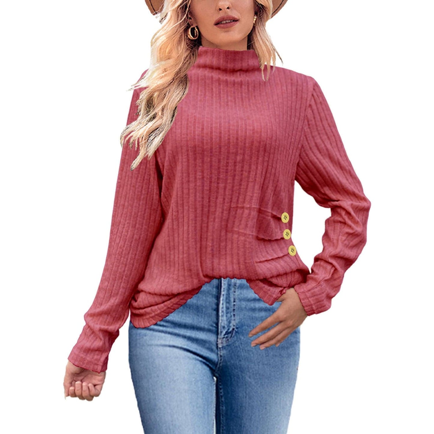 European And American Brushed Sunken Stripe Knitted Turtleneck Side Button Women's Top - YLORESHOP