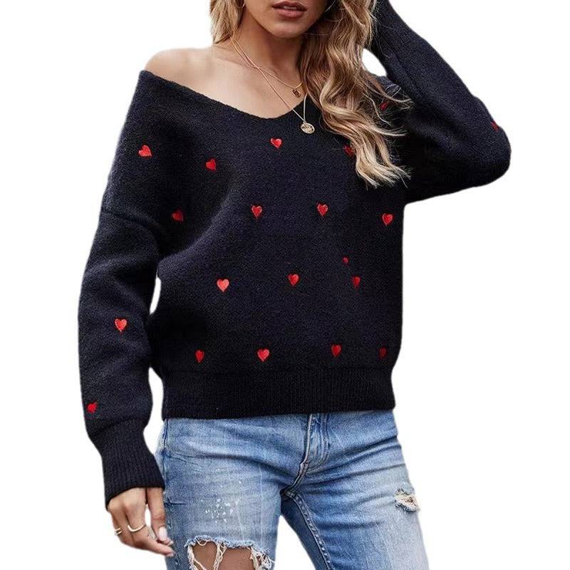 Maglione pullover a maniche lunghe da donna Top in maglia jacquard a forma di cuore tinta unita