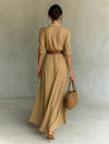 Fashionable and elegant long sleeve button down lapel belted irregular maxi dress. - YLORESHOP