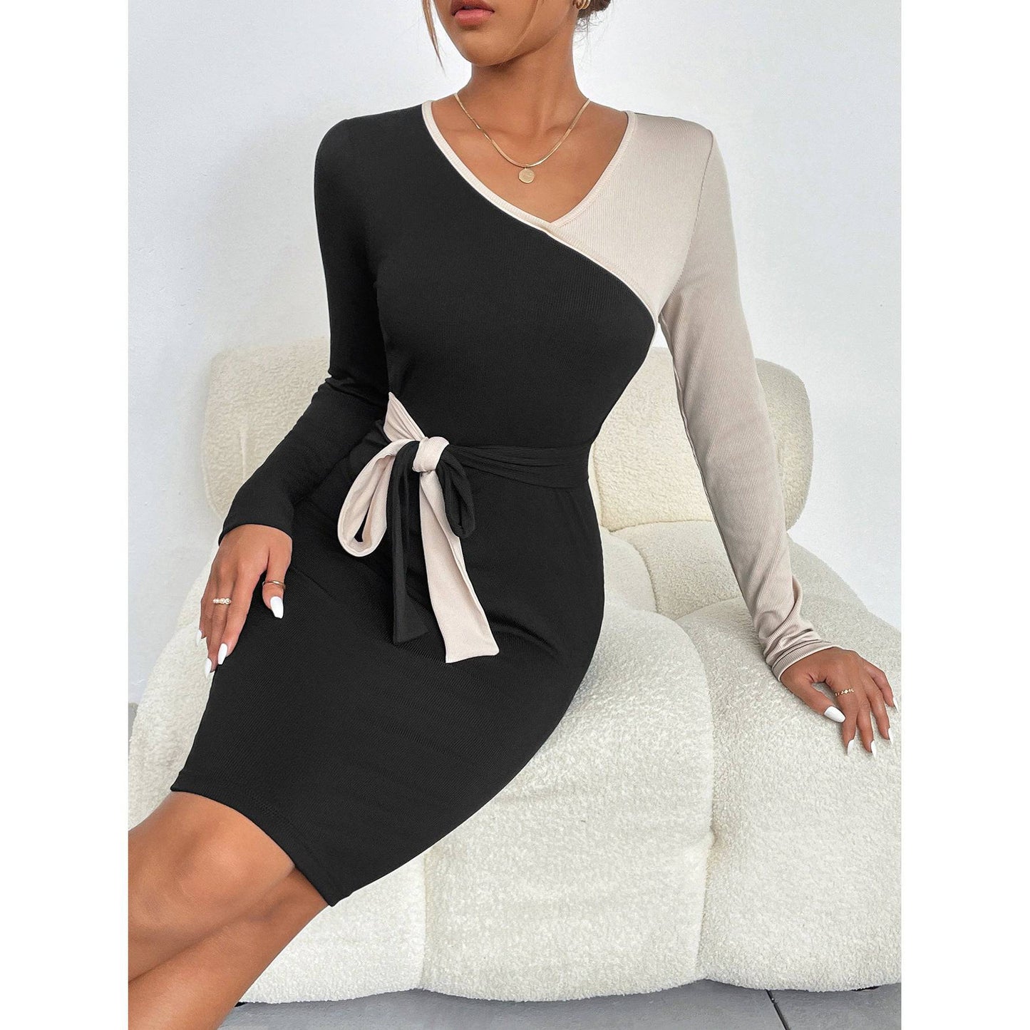 Women's Stitching Tied Sheath Long Sleeve Dress - YLORESHOP