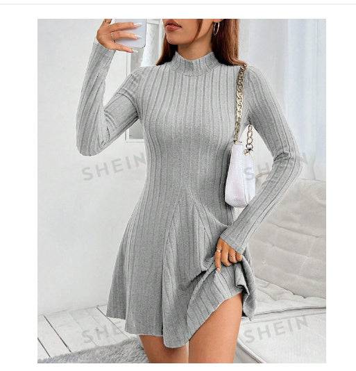 New Fall Women's Clothing Slim Fit Sunken Stripe Long Sleeve Fleece Dress - YLORESHOP