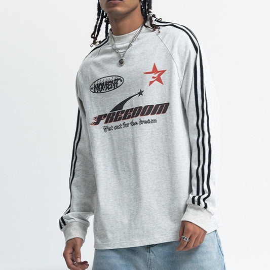 Letter Printed Raglan Three Bars Long Sleeve Bottoming Top Men - YLORESHOP