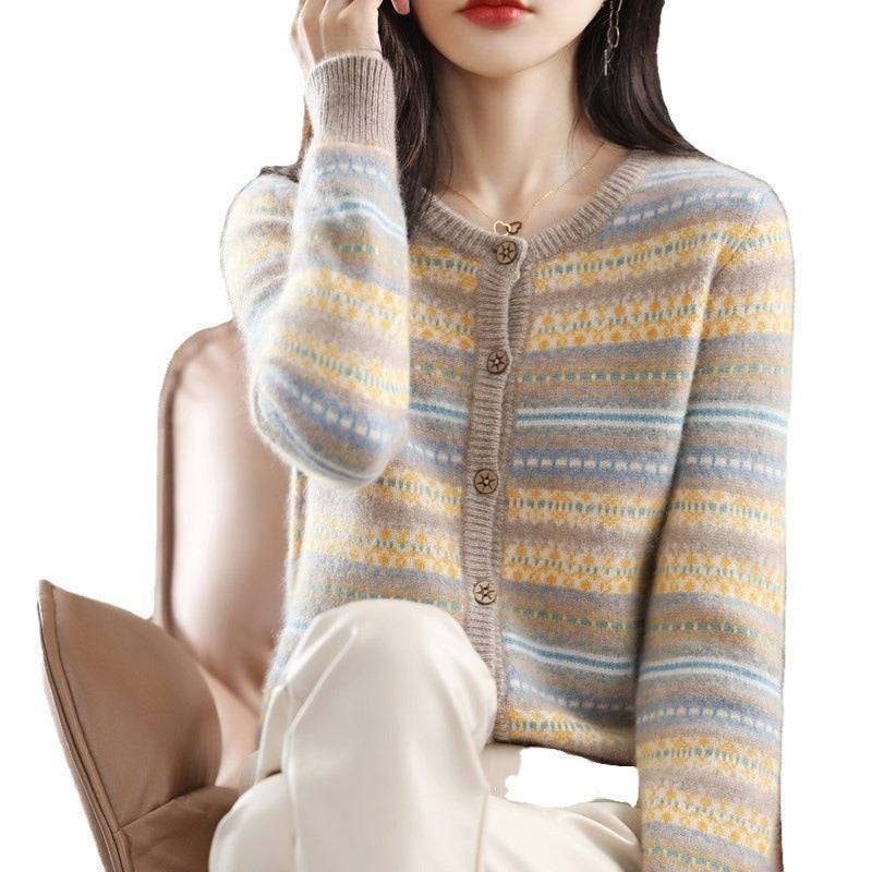 Women's Knitted Cardigan Mixed Color Stripe Contrast Color Jacquard Soft Glutinous Sweater Coat - YLORESHOP