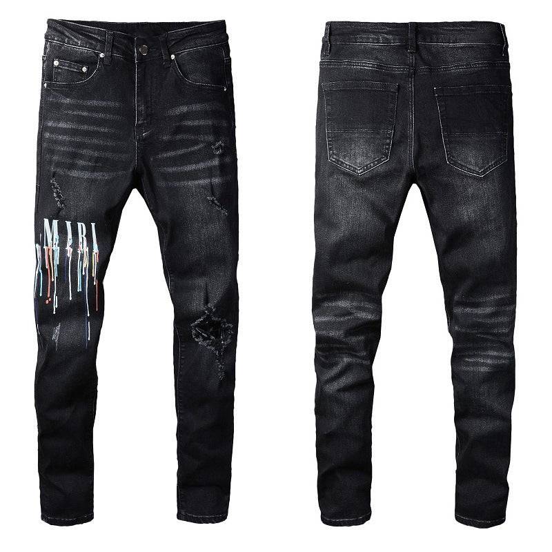 Dazzling Color Letters Black Men's Jeans