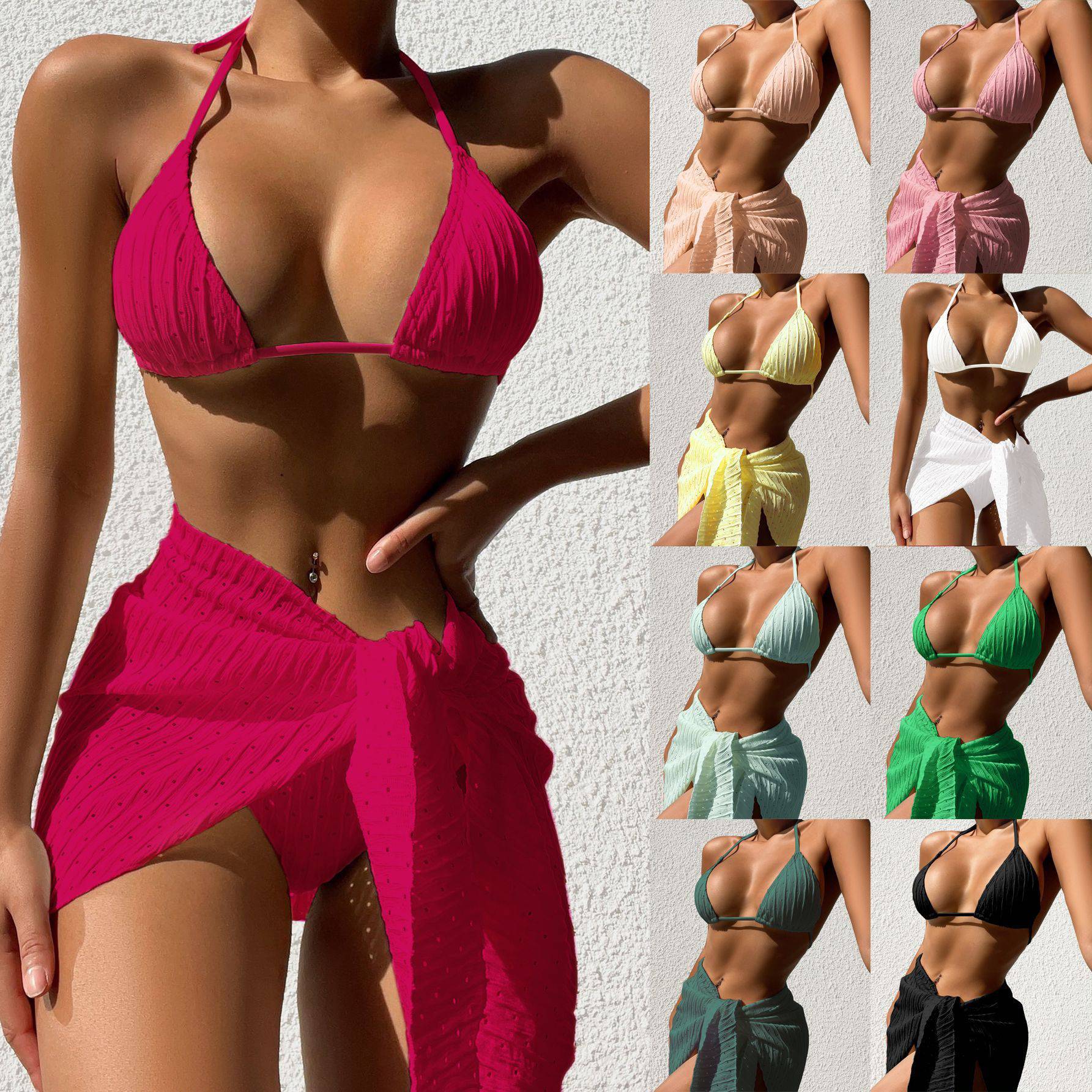 3pcs Halterneck Swimsuit Set Beach Solid Color Sexy Backless Bikini With Mesh Skirt Summer Womens Clothing - YLORESHOP