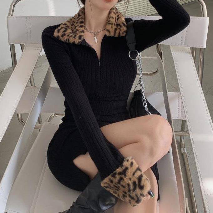 New Leopard Print Long Sleeve Padded Dress Women - YLORESHOP