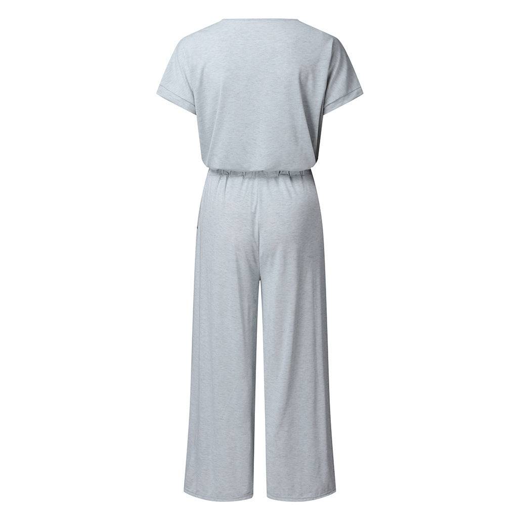 Women's Elastic Waist V-neck Wide-leg Jumpsuit - YLORESHOP