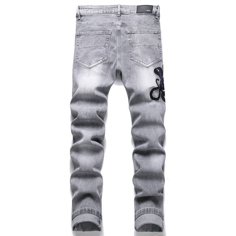 Fashion Gray Hole Patch Embroidery Cobra Stretch Feet Men's Jeans