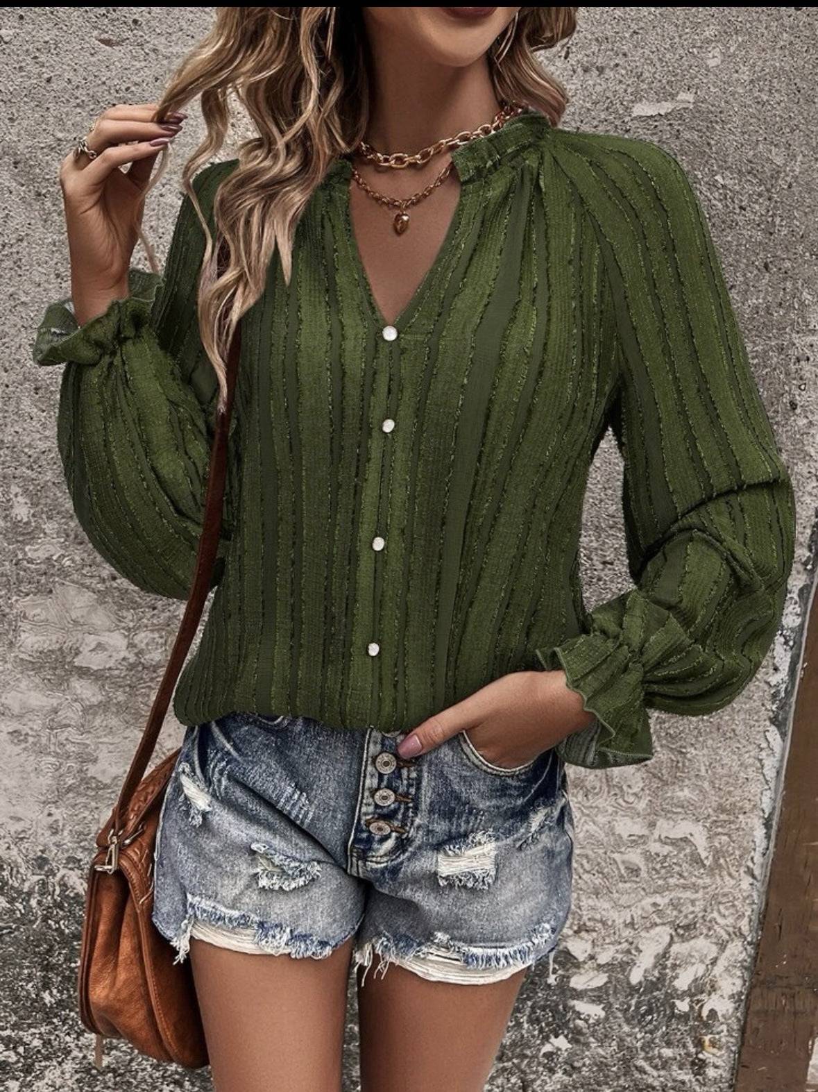 Half-open Collar Single-breasted Ruffle Sleeve Striped Shirt - YLORESHOP