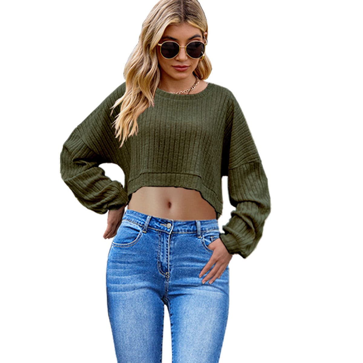 European And American Brushed Sunken Stripe Knitted Midriff-baring Long Sleeve Short T Women's Top - YLORESHOP