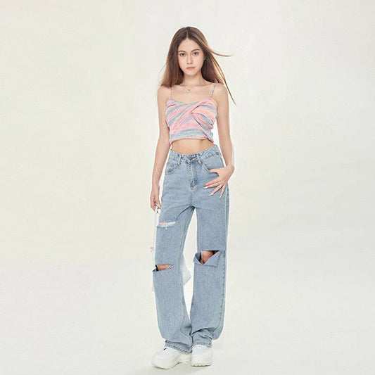 Women's High Waist Light Blue Ripped Wide-legged Jeans - YLORESHOP