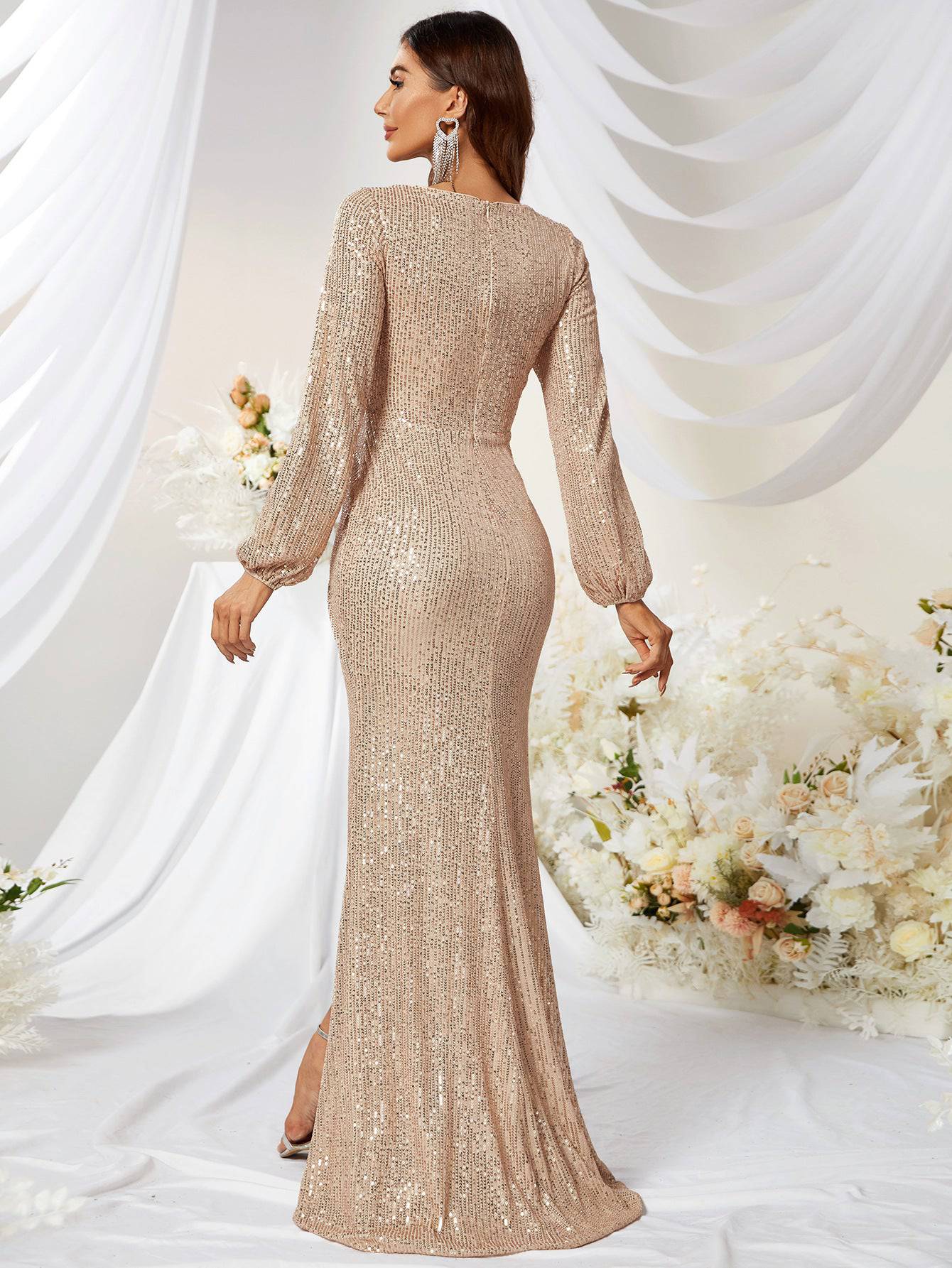 Sequined V-neck Long Sleeve High Slit Slim Fishtail Prom Evening Dress - YLORESHOP