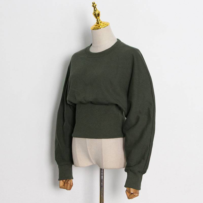 Maglione corto con rifinitura in vita per pendolari pullover girocollo verde scuro