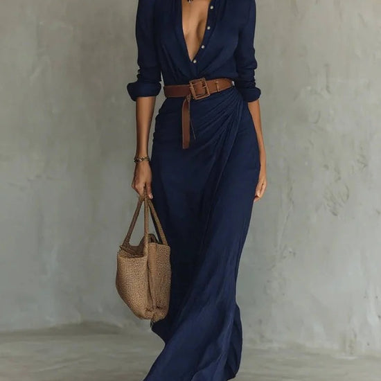 Fashionable and elegant long sleeve button down lapel belted irregular maxi dress. - YLORESHOP