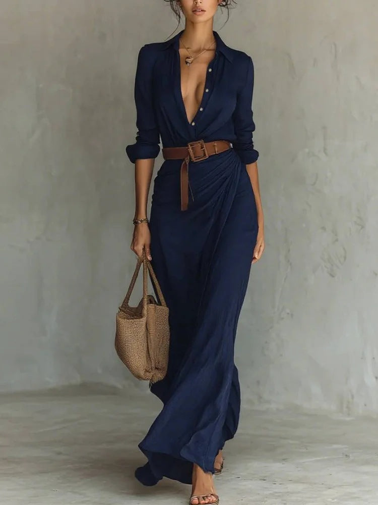 Fashionable and elegant long sleeve button down lapel belted irregular maxi dress. - YLORESHOP