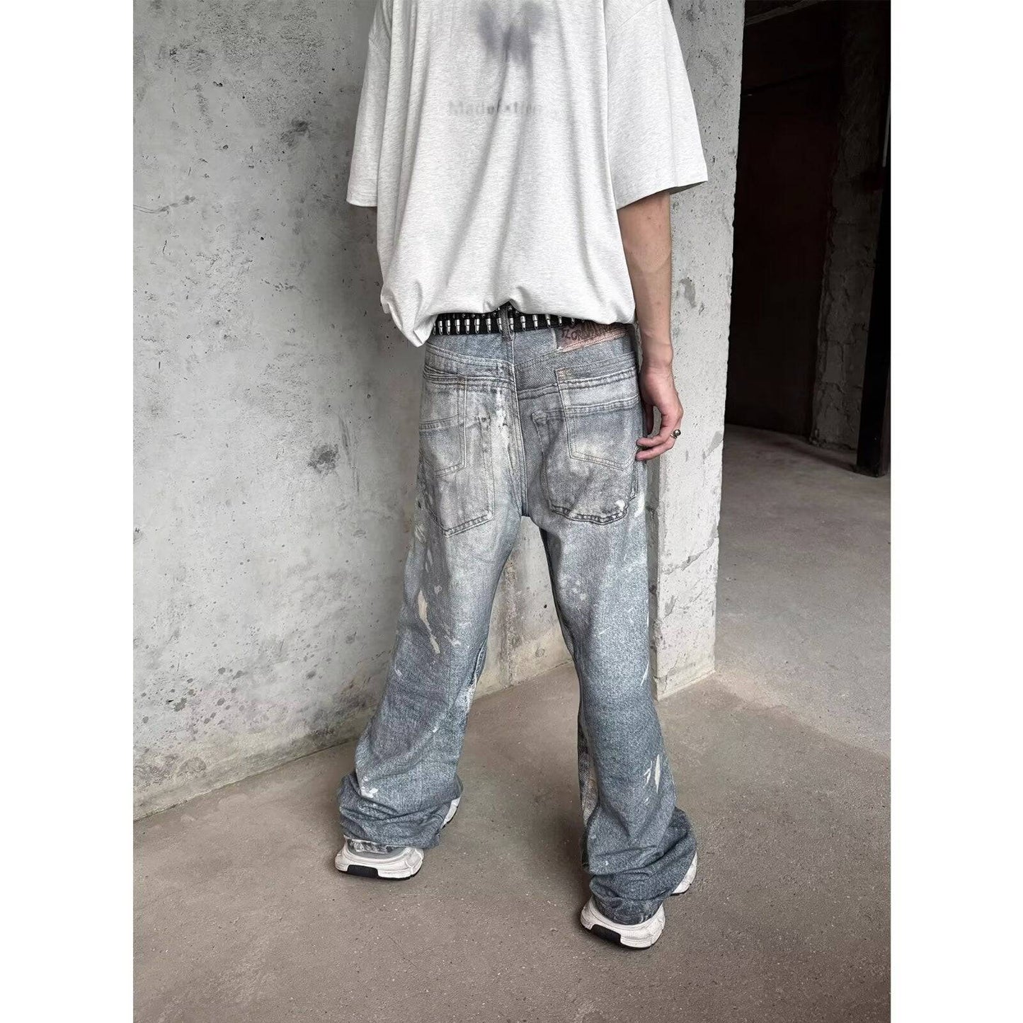 Washed Distressed Printed Denim Men's Straight Loose Long Pants