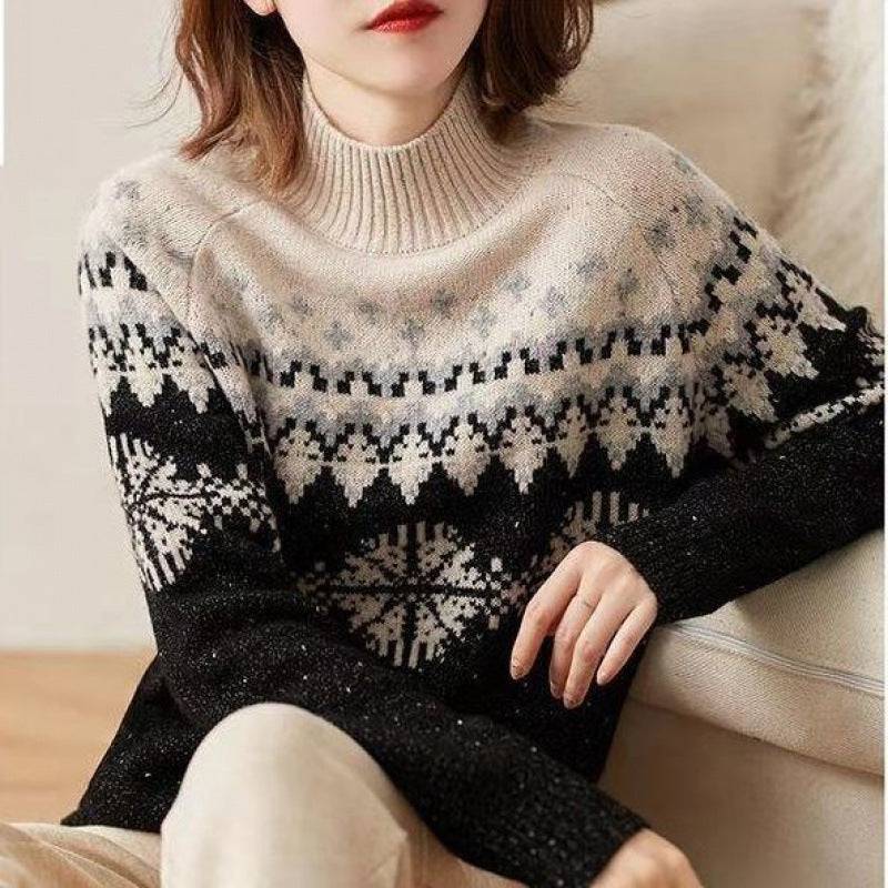 Autumn And Winter Spring New Half Turtleneck Knitted Snowflake Retro Loose Sweater - YLORESHOP