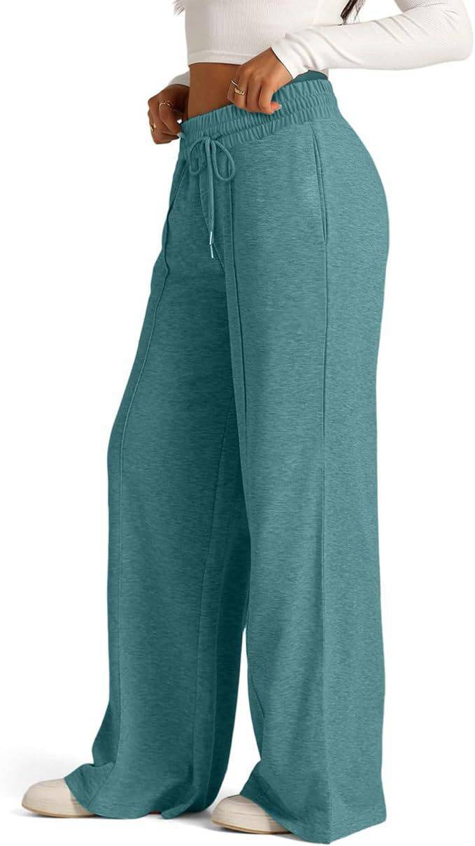 Pantaloni sportivi da donna in vita elastica con coulisse, casual, in tinta unita, a gamba larga