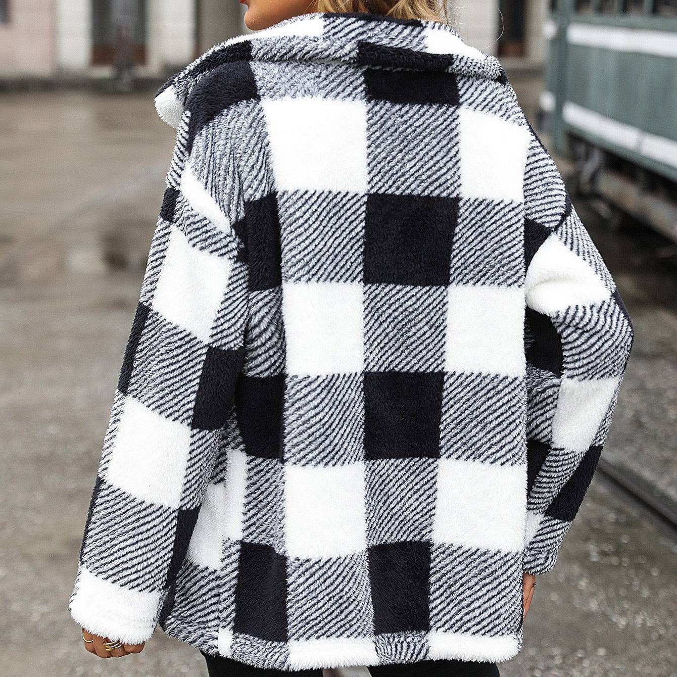 Plaid di media lunghezza a maniche lunghe con risvolto da donna autunno e inverno alla moda europea e americana