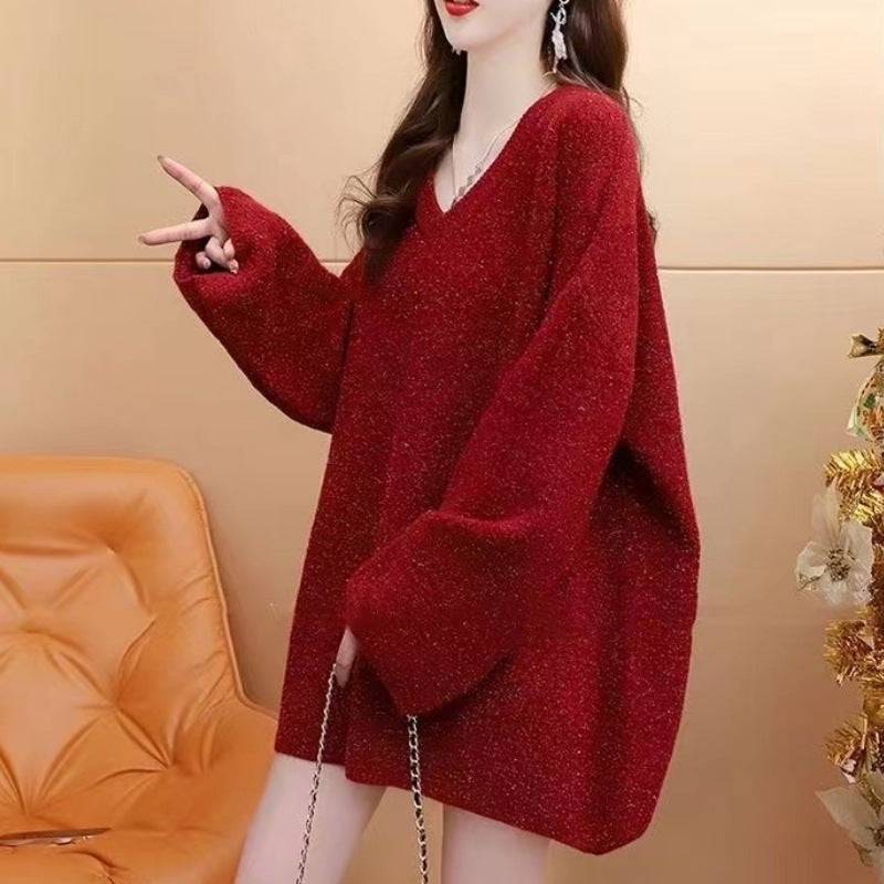 Cappotto lavorato a maglia maglione con scollo a V bordeaux stile Idle di Capodanno