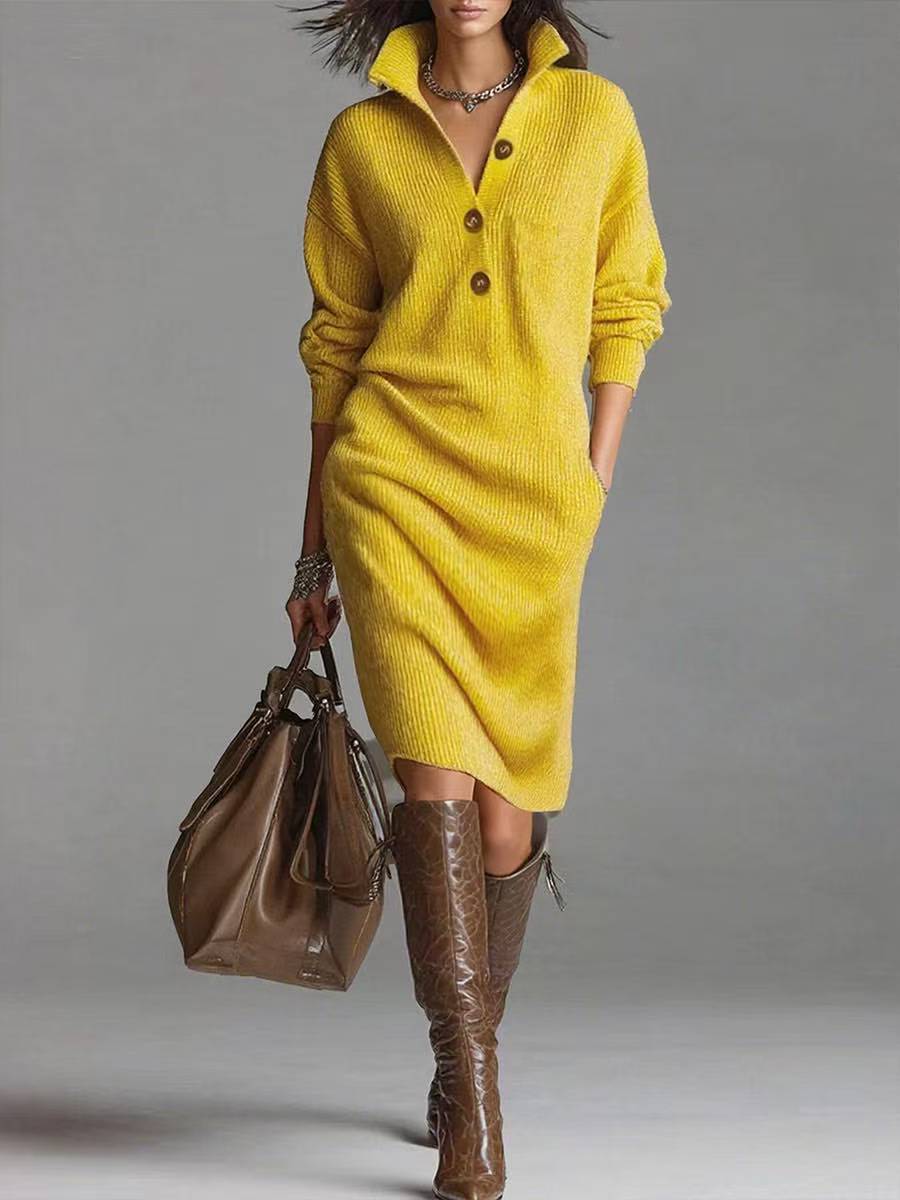 Fashionable, warm, high-neck, V-neck, button-up, casual, long-sleeved winter dress. - YLORESHOP