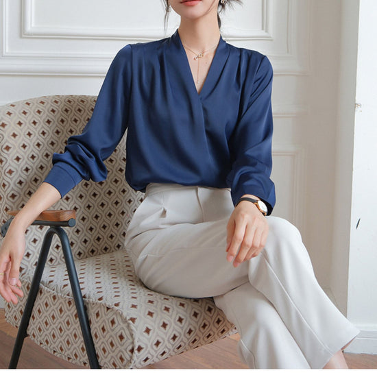 Elegant V-neck Satin Shirt Women's Commuter Formal Wear - YLORESHOP