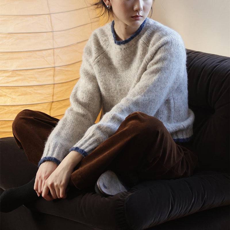 Contrast Color Knitted Collar Round Neck Sweater - YLORESHOP