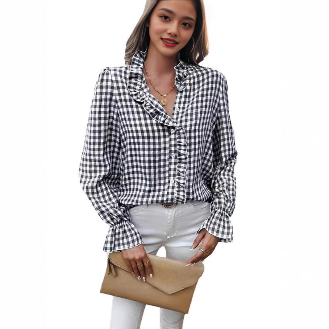 Women's French-style Plaid Shirt With Wooden Ears - YLORESHOP