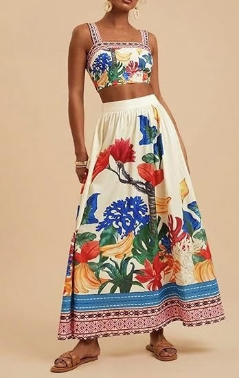 Sexy Spaghetti Straps Midriff-baring Printed Up And Down Skirt Suit - YLORESHOP