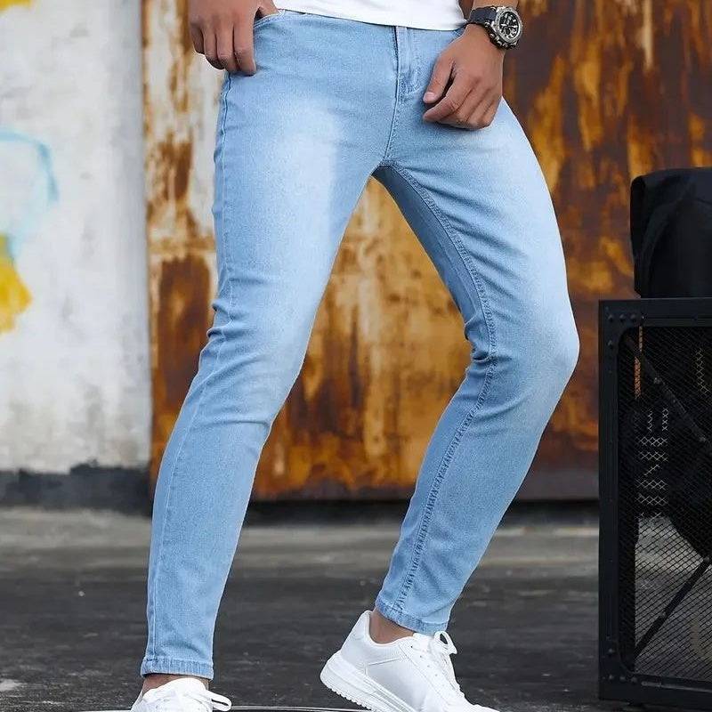 Pantaloni da uomo Retro Lavaggio con cerniera Sretch Jeans Casual Slim Fit