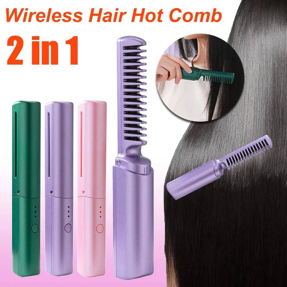 Professional Wireless Hair Straightener Curler Comb Fast Heating Negative Ion Straightening Curling Brush Hair Styling Tools - YLORESHOP