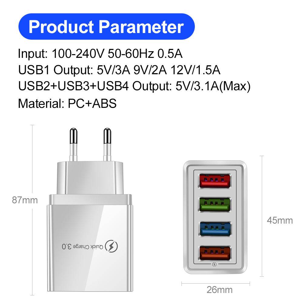 Caricatore USB Quick Charge 3.0 4 Adattatore telefonico per tablet Caricabatterie mobile da parete portatile Caricatore rapido