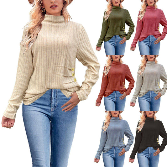 European And American Brushed Sunken Stripe Knitted Turtleneck Side Button Women's Top - YLORESHOP