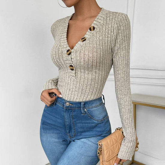 Solid Color Long Sleeve V-neck Jumpsuit - YLORESHOP
