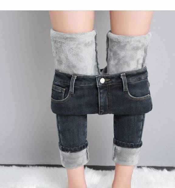 Dark Blue Jeans Women's High Waist Spring Stretch Slimming Skinny Close-fitting Fleece