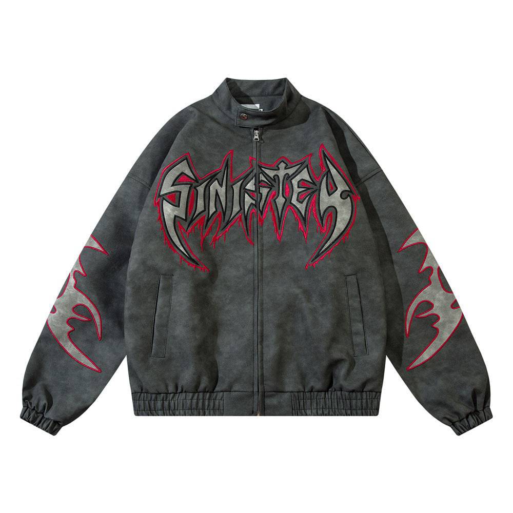 Dark Goth Letters Affixed Cloth Embroidered Loose Leather Jacket Men's Punk Distressed Coat