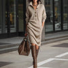 Fashionable, warm, high-neck, V-neck, button-up, casual, long-sleeved winter dress. - YLORESHOP