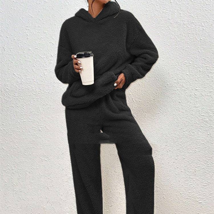 Fleece-lined Hooded Long Sleeve Dimensional Patch Pocket Casual Trousers Solid Color Suit - YLORESHOP