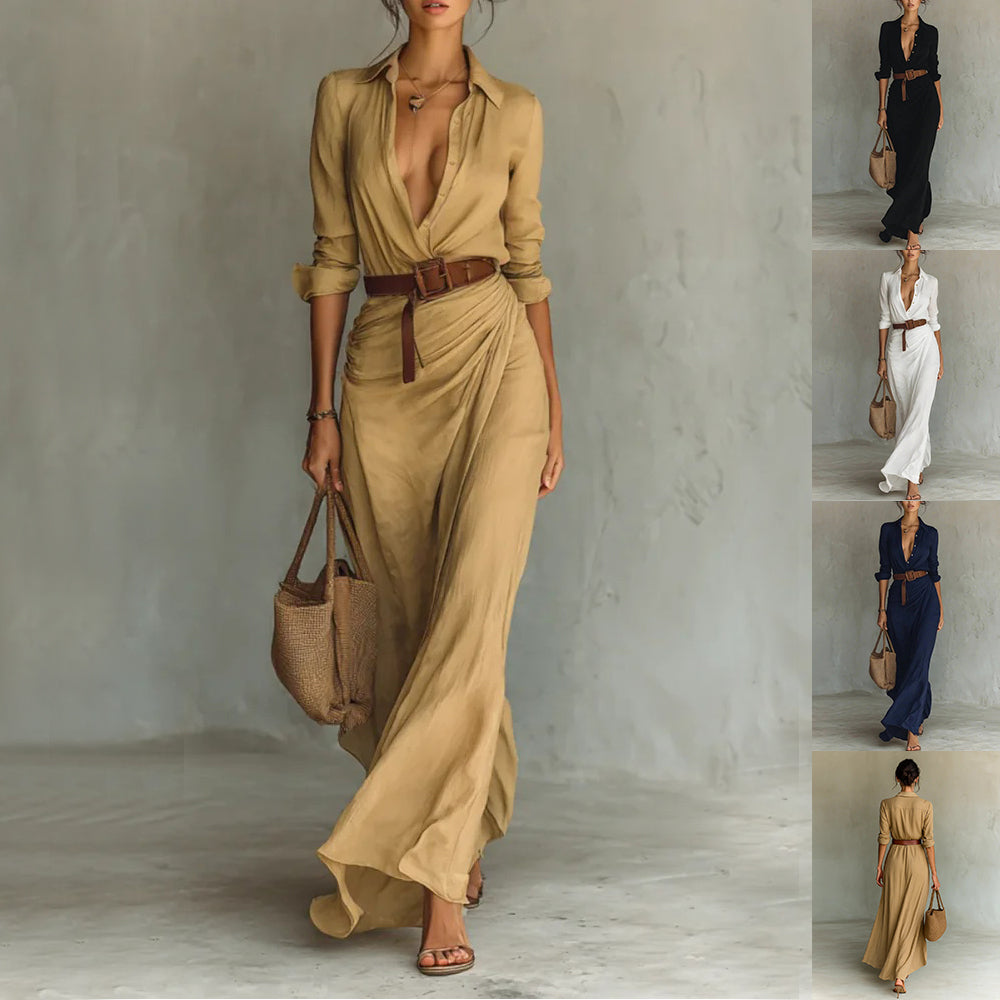 Fashionable and elegant long sleeve button down lapel belted irregular maxi dress. - YLORESHOP