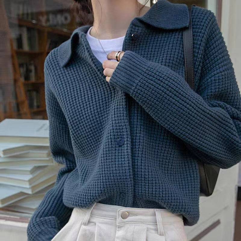 Cardigan lavorato a maglia maglione versatile in tinta unita con colletto polo stile retrò