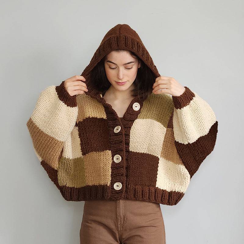 Women's Fashion Hooded Round Neck Cardigan Button Plaid Knitted Coat