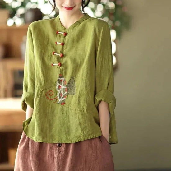 Ethnic Style Plus Size Cotton And Linen Shirt For Women - YLORESHOP