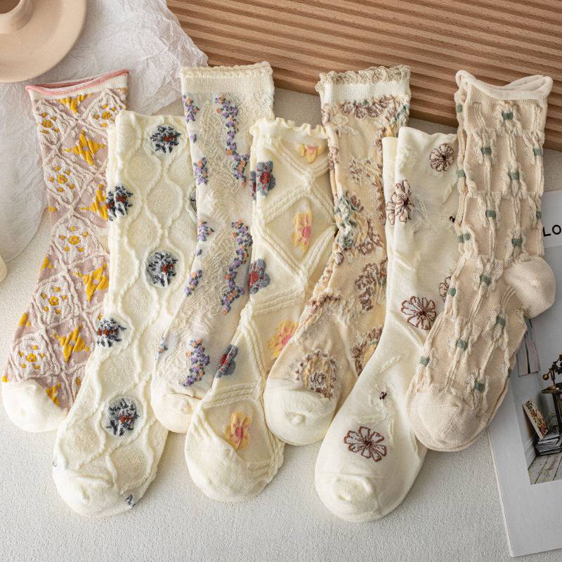 Court Women's Thin Small Flower Long Socks Retro